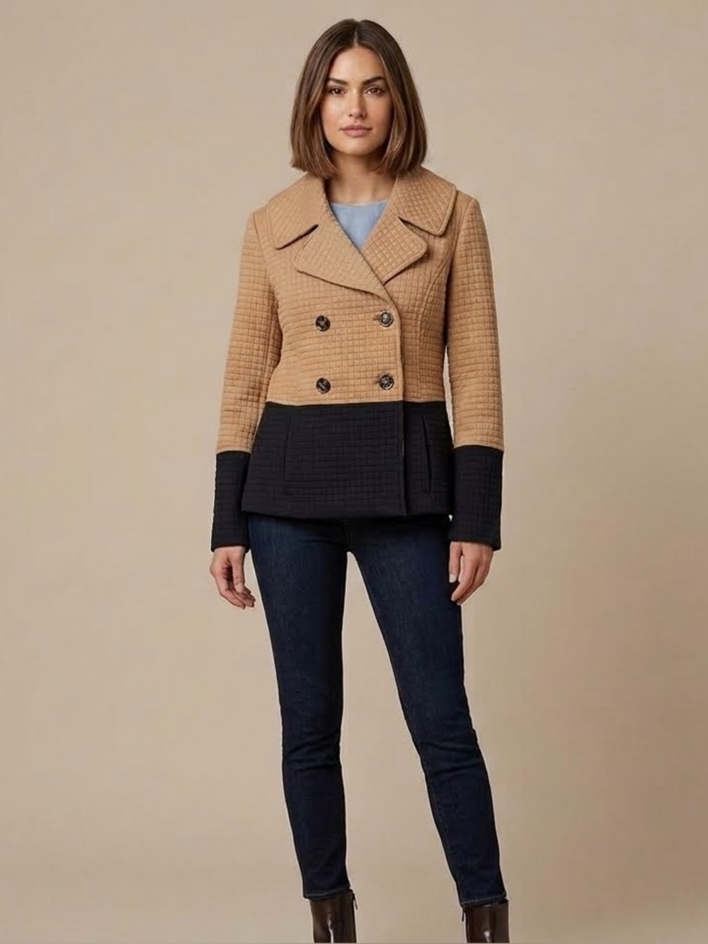 THML Pierina Textured Colorblock Quilted Peacoat Tan Black Small Preppy Office